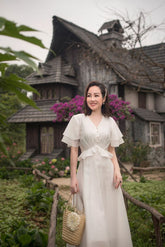 Silk Midi Dress with Tiered Flutter Sleeves and Ruffle Waist Detail for Feminine Daywear